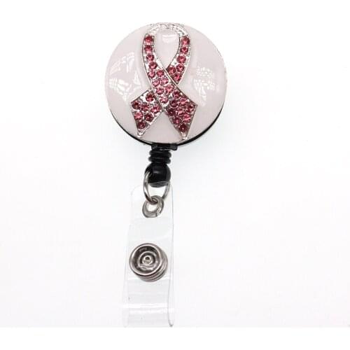 10pcs/Lot Round Shape Pink Rhinestone Ribbon Retractable Badge Reel Decorative ID Badge Clips