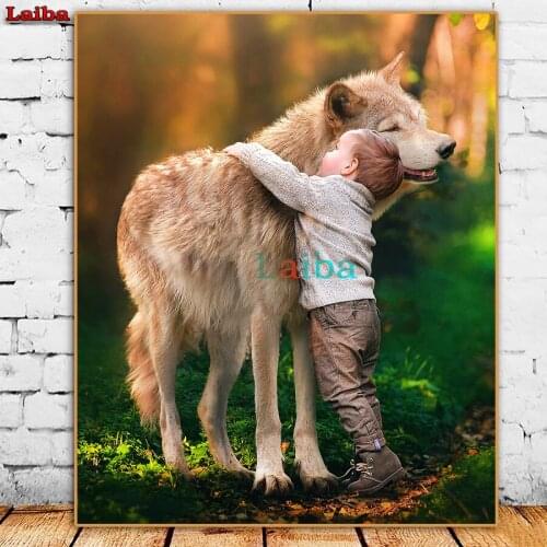 5D Diamond Painting Little boy hugging wolf DIY cross stitches full drill diamond painting Character Gift Embroidery Home Decor