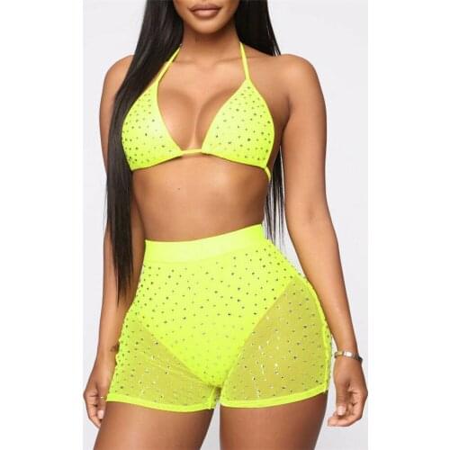 Bikini 2020 Women Swimsuit Swimwear No Pad Swimming Suit Mesh Shorts Sequin Bikini Beachwear See-through Bathing Suit 2pcs