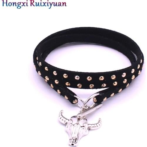 Bracelet Punk Leather Multilayer Bracelet Womens Alloy Bull Head Bohemian Handmade Leather Bracelet Simple Fashion Jewelry