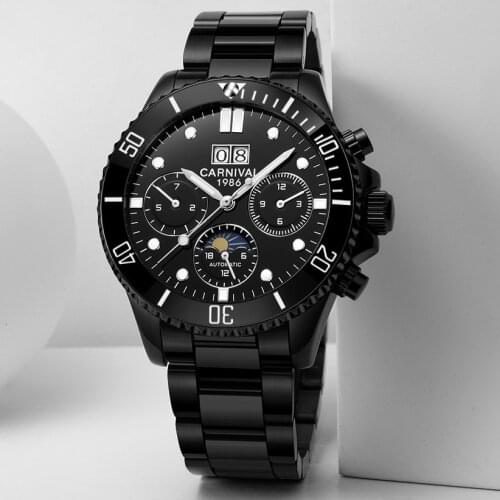 Multifunction Sport Watches men CARNIVAL Big Dial Mechanical Watches Men Calendar Moon phase Luminous Swim Sapphire Montre homme