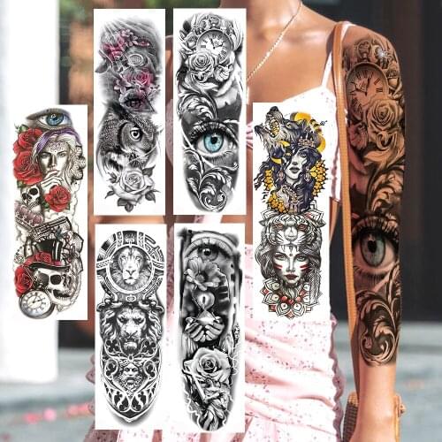 Long Full Arm Temporary Tattoos Sticker For Women Men Fake Eye Rose Owl Tribal Wolf Maori Lion Sleeve Tatoos Body Art Decoration