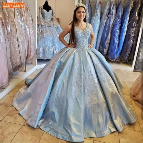 Elegant Blue Wedding Dress V Neck Lace Up Appliqued Beaded Crystal Satin Ball Gown Bridal Dresses Long Custom Made Wedding Gowns