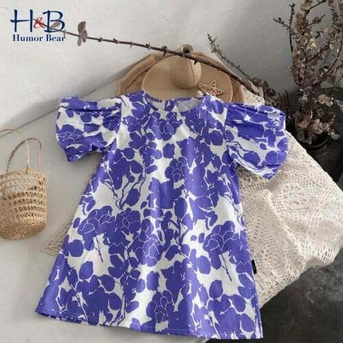 Humor Bear Girls Dress New Summer Puff-Sleeve Floral Printed Princess Party Dress Holiday Style Toddler Kids Clothes