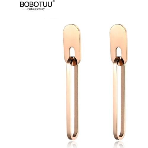 BOBOTUU Stainless Steel Long Earrings For Women Rose Gold Geometric Shape Jewelry Hyperbole Punk Hip-Hop Fashion Gift BE18097