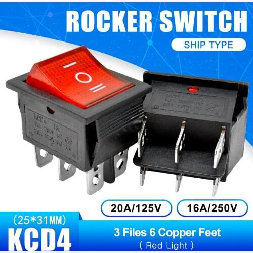 KCD4 Rocker Switch Button ON-OFF-ON 3 Position 6 Pins Electrical Equipment With Light Power Switch 16A 250VAC 250V AC