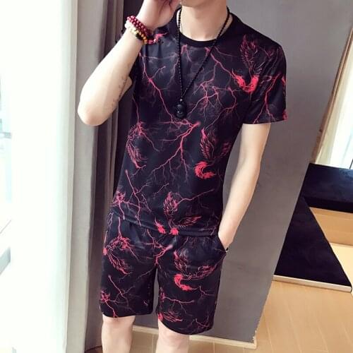 Summer mens Print short-sleeved T-shirt suit mens slim Tracksuit Men sports suit Casual T-shirt + Shorts 2-piece Sportwear Set