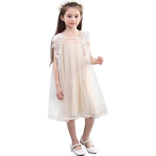 Cute Girl Kids Clothing New Summer 2020 Korean Beige Lace Decorative Mesh Princess Dress 3 To 14 Years Birthday Clothing