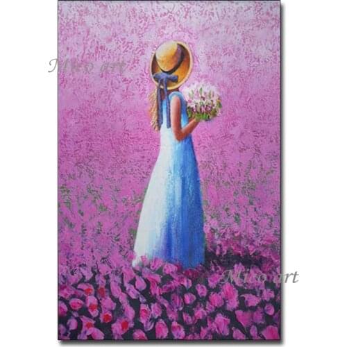 100% hand drawn beautiful girl handing flowers oil painting wall decor canvas art pictures artwork in living room decoration