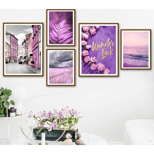 Purple Building Flower Sea Grass Street Wall Art Canvas Painting Nordic Posters And Prints Wall Pictures For Living Room Decor