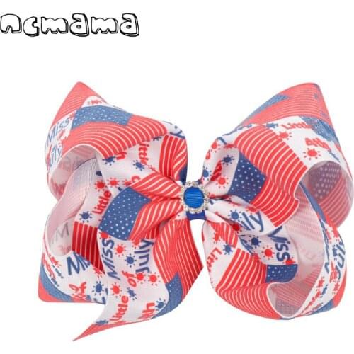 Ncmama 7" Hair Bows for Girls 4th of July Hair Clips with Rhinestone American Flag Print Ribbons Kids Hairgrips Hair Accessories