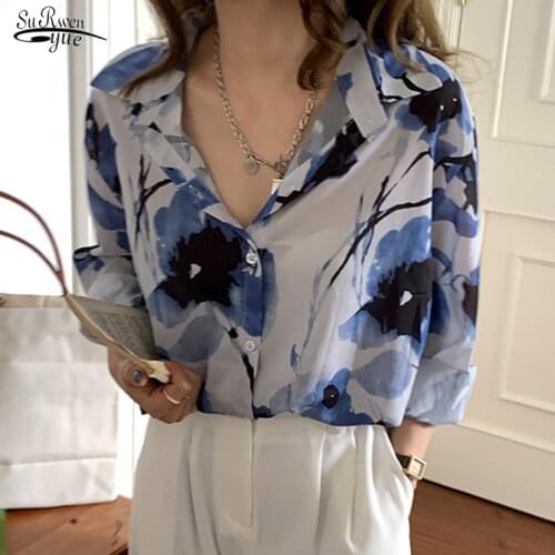 Autumn New 2021 Casual Tops Mujer Long Sleeve Shirt Women Chic Floral Shirt Turn-down Collar Vintage Korean Clothes Blusas 15712
