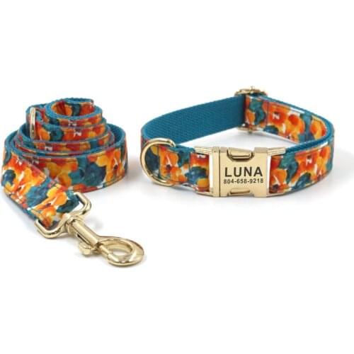 Personalized Dog Collar Customized Pet Collars Free Engraving ID Nameplate Tag Pet Accessory Paint Flower Puppy Collar Leash Set