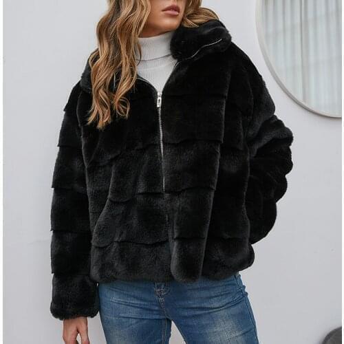 Luxury Faux Fur Coat Womens Winter Thick Warm Solid Color Zipper Fur Coat Women Casual Thick Black Overcoat 2021 Womens Jacket
