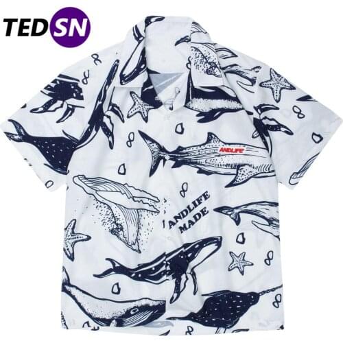 2021 Summer Hip Hop Shirts Men Women Underwater Whale Print Harajuku Oversized Short Sleeve Shirt Streetwear Cotton Loose Tops
