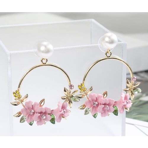Korean Style Flower Hoop Earrings For Women Golden Color Round Circle Crystal Earrings Gift For Wedding Jewelry