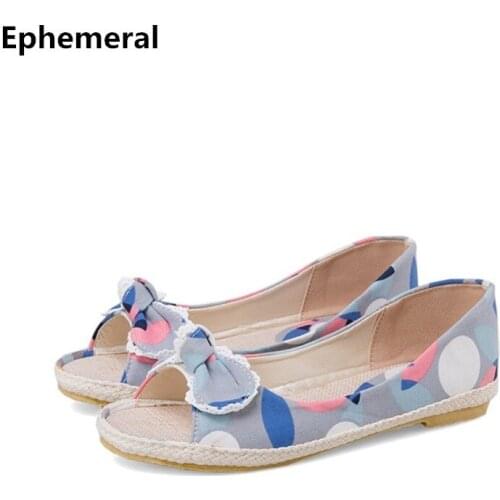 Women Peep Toe Flats Patchwork Canvas Shoes With Bow Cover Heel Slip-On Summer Soft Bottom TPR Plus Size 34-3 Black Cyan Outdoor