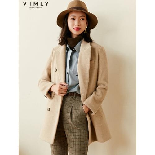 Vimly Winter Coats and Jackets For Women Fashion Notched Solid Double Breasted Wool Overcoat Office Lady Work Wear Blazers F5377