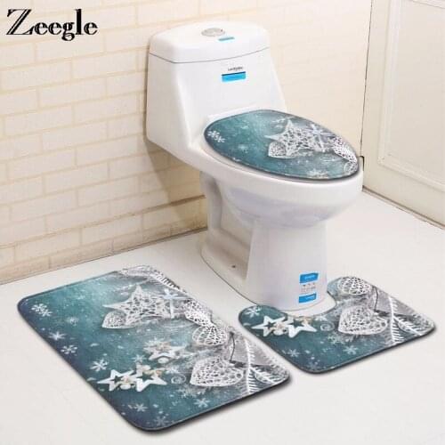 Zeegle 3pcs Christmas Bath Mat Set Non-slip Toilet Cover Seat Mat Soft Absorbent Toilet Pedestal Rug Bathroom Doormat Shower Mat