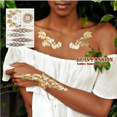 1sheet new Indian Arabic designs golden silver flash tribal henna tattoo paste metalicos metal tatoo sticker sheets on body hand