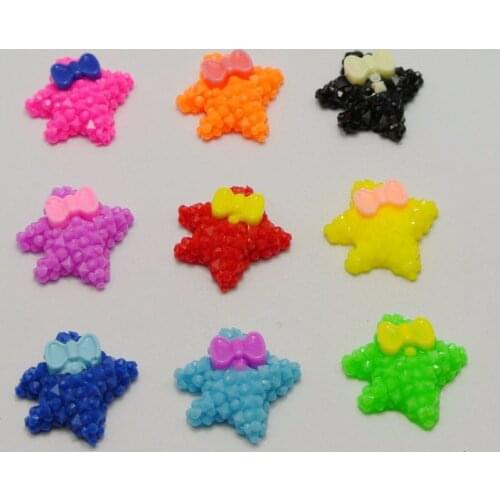 50 Mixed Color Flatback Resin Starfish with Bows Dotted Rhinestone Cabochon 20X18mm