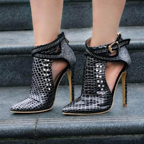 ASHIOFU Handmade Womens High Heel Boots Crystals Buckle Strap Party Prom Dress Shoes Evening Club Fashion Short Boots Shoes