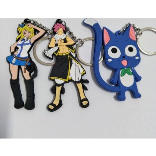 3 Pcs/lot Anime Fairy Tail Keychains Keyring Cartoon Natsu Pvc Double Side Soft Plastic Pendant Toy