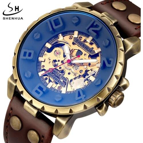 Vintage Automatic Mechanical Wristwatch Men Gear Skeleton Steampunk Self Winding Watches Without Battery Leather Clock Reloj