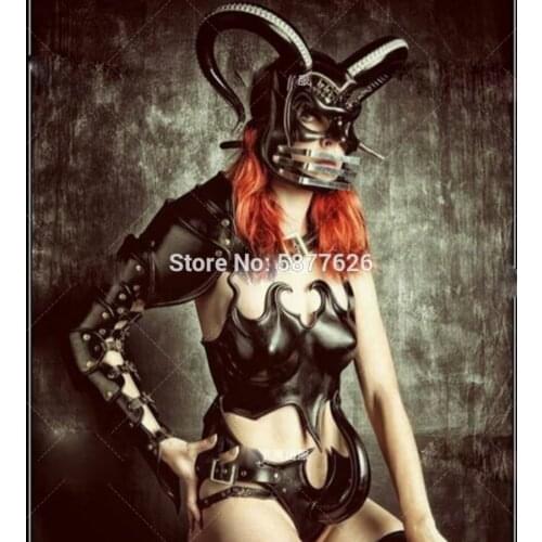 Black cosplay costumes Halloween bar horn horn PU sexy hollow armor vest rivet gogo costume
