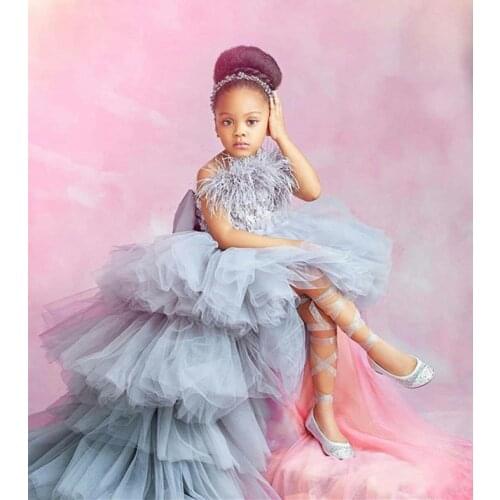 Luxury Gray Feather High Low Flower Girl Dress With 3D Floral Appliques Beading Bow Tiered Tulle Kids Prom Birthday Dress
