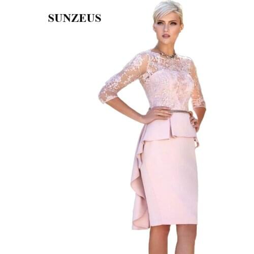 Knee Length Mother of the Bride Wedding Party Dresses 3/4 Sleeve Sheath Formal Evening Dresses Short Lace Prom Gown Peplum