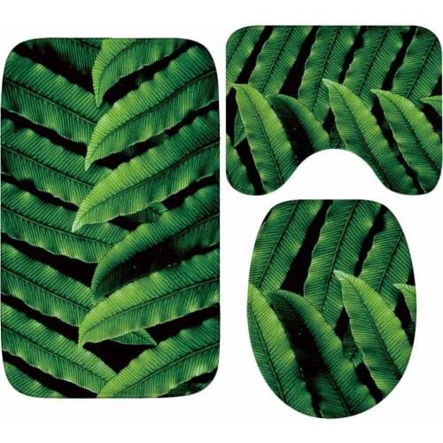 Flannel 3pcs Bathroom Mat Sets Microfiber Green Leaf Pattern Bath Mats Anti-slip Bathroom Rug and Toilet Mat Set