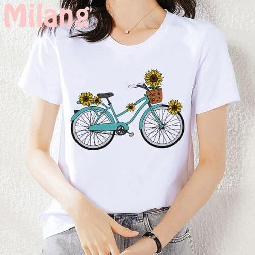 Flower Bike Bicycle Web Style Trend Mujer Camisetas White Top T Shirts Summer Aesthetics Graphic Short Sleeve Polyester T Shirts