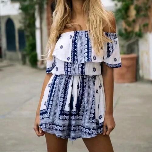 GypsyLady Floral Print Chic Rompers Playsuits Summer Off The Shoulder Backless Sexy Women Casual Playsuit Ruffles Jumpsuits 2021