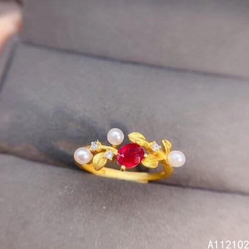 KJJEAXCMY fine jewelry 925 sterling silver inlaid natural ruby Girl Girl popular Chinese style plant pearl gem ring support test