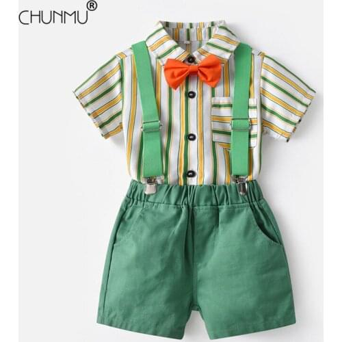 Baby Kids Summer Clothing Sets Gentleman Boys Striped Short-sleeved T-shirt + Overalls 2pcs Sets Tracksuit Children Clothes