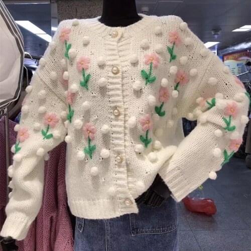 Korean 2021 New For Autumn Winter Vintage Thickened Knitting Cardigan Sweet Embroidered Sweater Female Long-Sleeved Coat