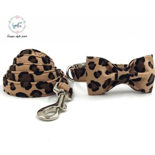 Leopard Print Dog Collar with Bow Tie Cotton Fabric Metal Buckle Dog &Cat Necklace or Dog Leash Unique Style Paws Dog Collar
