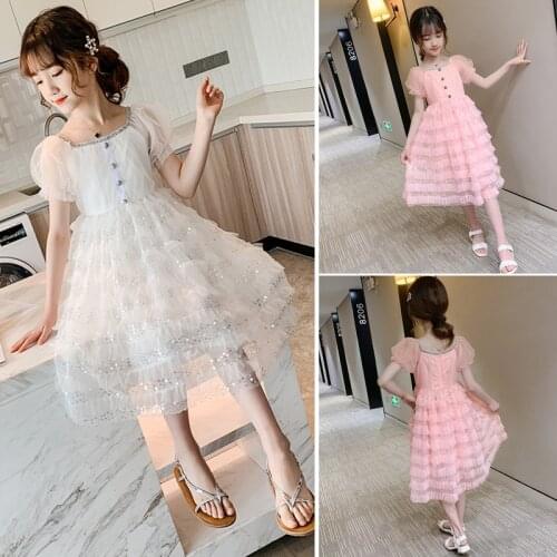 Girls Summer Dress Childrens Square Collar Cover Button Sequined Mesh Princess Dress Kids Birthday Party Clothing Girl Costume