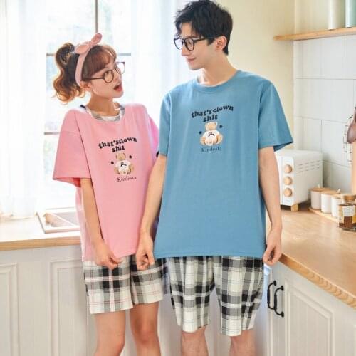 Little Bears Kawaii Cartoon Couple Summer Pajamas Set Cotton Short Sleeve Plus Size Men Sleepwear Sweet Plaid Women Pink Pajamas