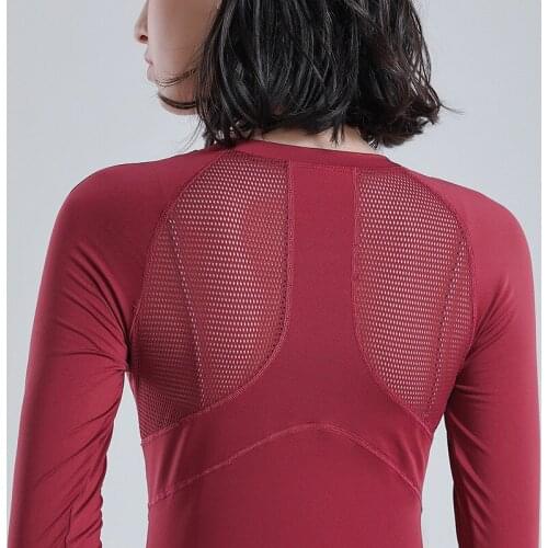2021 Autumn New Sports Yoga Tops Hollow Womens Tight Elastic Long Sleeved Mesh Patchwork Fitness Running Training T-shirt