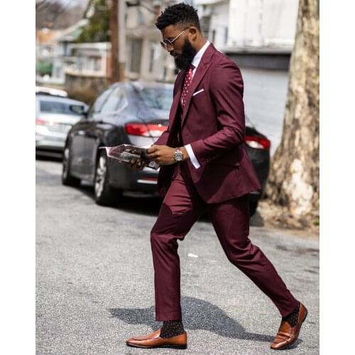 Jacket+Pants+Vest) Chic Menswear Burgundy Peak Lapel Double Breasted Wedding Man Suit 3 Piece Formal Man Blazer Custom Made