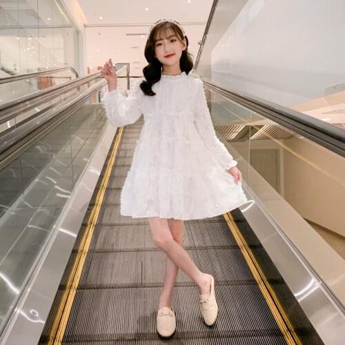 Girl Clothes Spring Autumn New Arrival Korean White Ruffles O-Neck Elegant High Grade Teenage Kids Party Wedding Dress 5-14Years