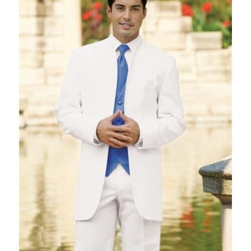Custom Made White Groom Mens Tuxedo Suits With Blue Vest,Bespoke White Tuxedo,Tailored Long section Without collar Mens Suits