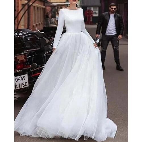 Long Sleeve Wedding Dresses for Bride 2021 Scoop Neck V Back Satin Tulle Bridal Gowns vestido de noiva