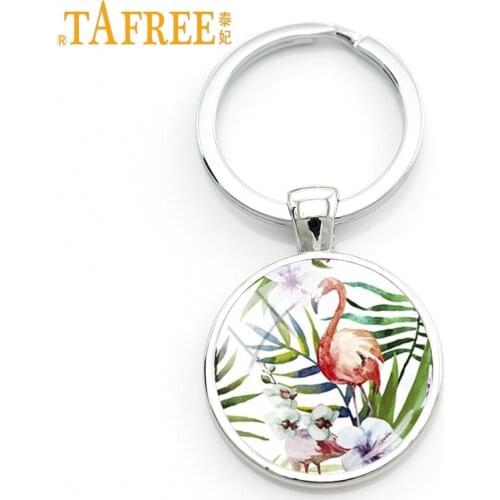 TAFREE Fashion Flower&Plants Personality Flamingo Art Photo Keychain Key Chain Glass Dome Women Exquisite Key Ring Jewelry ZY75