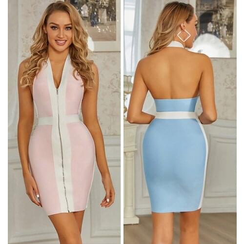 High Quality Pink And Blue V-Neck Dstrapless Woman Dress Rayon Bandage Fashion Dress Winter Dress High Street Christmas Dress