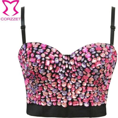 Corzzet Womens Pink Diamonds Beading Strap Bustier Racer Bustiers Top Cotton Corsets and Bustier Gothic Crop Bra Top Plus Size