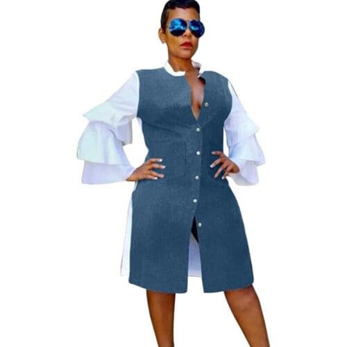 Women Autumn Winter Button Up Shirt Dress New Butterfly Sleeve Knee-Length Patchwork Pocket Elegant Tunic Party Dresses Vestidos