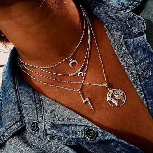 2020 Boho Vintage Gold Necklaces For Women Hollow Earth Lightning Moon Heart Shaped Necklace Multilayer Female Jewelry Gift